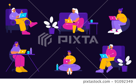Set of people work from home with laptops, vector 91092349