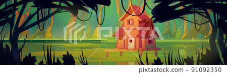 Wooden stilt house above swamp in forest, vector 91092350