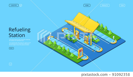 Refueling gas station banner with cars, oil pumps Refueling gas station banner with cars, oil pumps 91092358