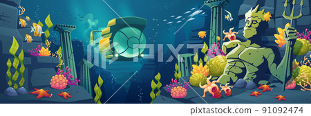 Underwater sea landscape with submarine, fish Underwater sea landscape with submarine, fish 91092474