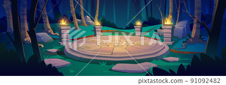 Ancient celtic stone platform in forest at night Ancient celtic stone platform in forest at night 91092482