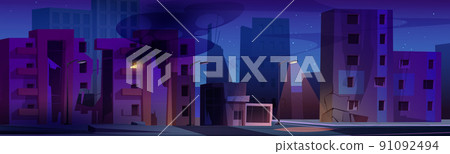 Destroyed city with broken houses at night 91092494