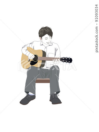 一個高中男孩坐著彈吉他的插圖 一個高中男孩坐著彈吉他的插圖 91093034