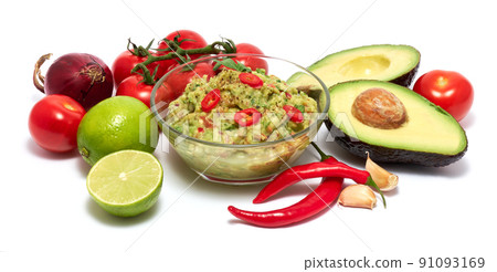 Healthy vegetarian organic guacamole Mexican dip sauce and recipe ingredients isolated on white background 91093169