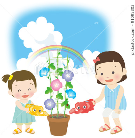 Sisters watering the morning glory 91095802