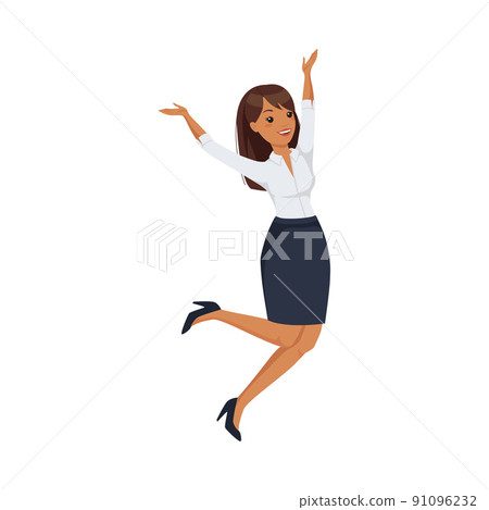 Office Woman Character Wearing White Blouse and Skirt Jumping with Joy Vector Illustration 91096232