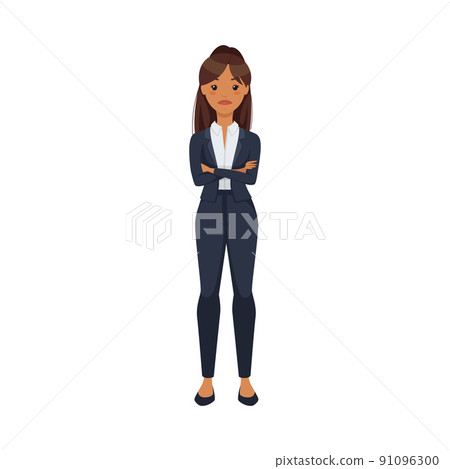 Office Woman Character with Ponytail Wearing Formal Suit Standing with Folded Arms Vector Illustration 91096300