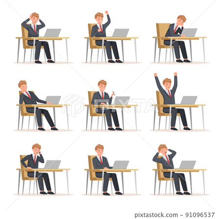 Man Office Worker Sitting at Desk with Laptop Engaged in Workflow Vector Set Man Office Worker Sitting at Desk with Laptop Engaged in Workflow Vector Set 91096537