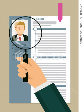 用放大鏡放大鏡查看的簡歷、簡歷和簡歷的插圖 求職、求職、白人男性 91096876