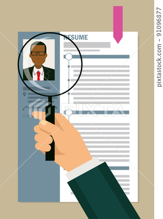 用放大鏡放大鏡查看的簡歷、簡歷和簡歷的插圖 求職、求職、黑人 91096877