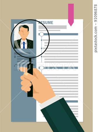 用放大鏡查看簡歷、簡歷和簡歷的插圖 求職、求職、亞洲男性 91096878