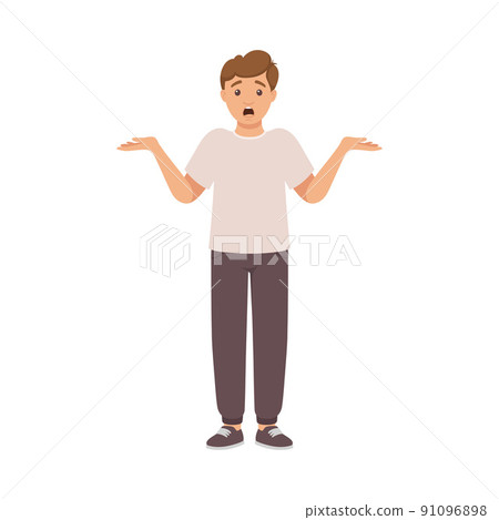 Surprised Man Character in Casual Pants Standing and Shrugging Shoulders Vector Illustration Surprised Man Character in Casual Pants Standing and Shrugging Shoulders Vector Illustration 91096898