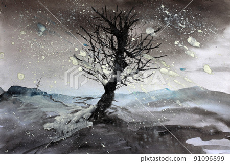 Winter landscape through window. Expressionism painting Winter landscape through window. Expressionism painting 91096899