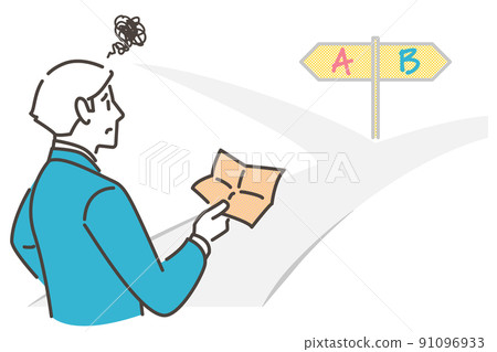 A male businessman who is worried about which one at the fork. Concept of crossroads of business and life [Vector illustration material] 91096933