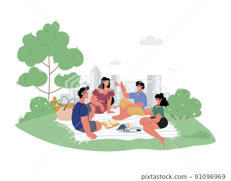 Group of young people make picnic in city park.Cityscape in background.Vector 91096969