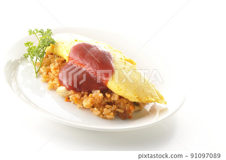 Omelette with ketchup and omelet on chicken rice taken on a white background Omelette with ketchup and omelet on chicken rice taken on a white background 91097089