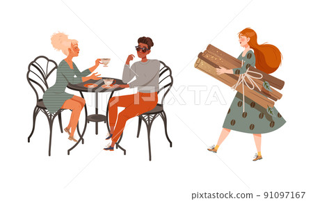 People drinking coffee at cafe or coffeeshop set vector illustration People drinking coffee at cafe or coffeeshop set vector illustration 91097167