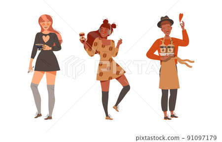 People making and drinking coffee set. Barista preparing drinks at cafe or coffeeshop vector illustration 91097179