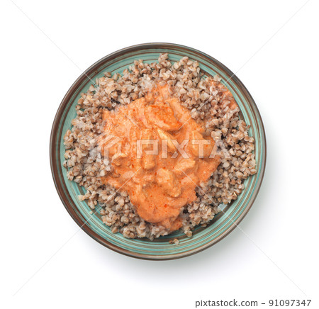 Plate of buckwheat porridge with meat goulash 91097347