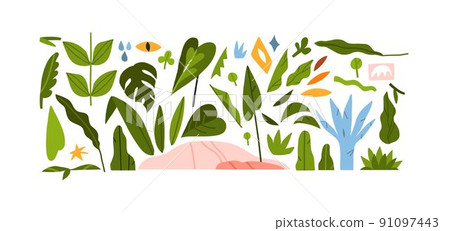 Hand drawn vector abstract graphic clipart illustrations collection set of composition with abstract boho nature shapes of blossom flowers and tropical leaves.Modern nature design.Botanical garden. 91097443