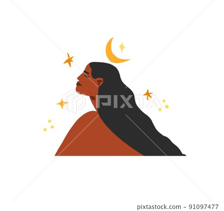 Hand drawn vector abstract modern graphic,clipart illustration of young boho female character in nature with abstract moon and stars.Modern woman design.Feminine nature concept.Boho woman concept. Hand drawn vector abstract modern graphic,clipart illustration of young boho female character in nature with abstract moon and stars.Modern woman design.Feminine nature concept.Boho woman concept. 91097477