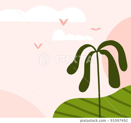 Hand drawn abstract graphic clipart illustration vector background poster print of composition with abstract garden nature shapes,tropical landscape panorama with copy space.Modern botanical design. 91097492