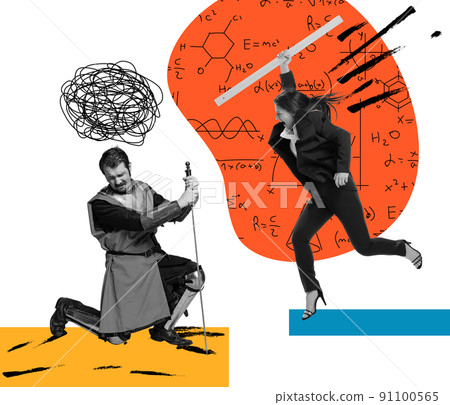 Contemporary artwork. Battle between modern office workers and medieval knights wearing armored clothes isolated on colored abstract background with pencil sketches. 91100565