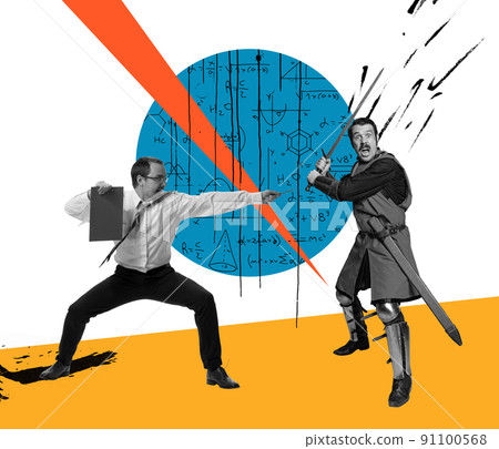 In action, motion. Comic composition with office worker and medieval knights meeting in battle over bright abstract background. Concept of eras comparison, creativity. Collage In action, motion. Comic composition with office worker and medieval knights meeting in battle over bright abstract background. Concept of eras comparison, creativity. Collage 91100568