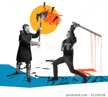 Contemporary artwork. Battle between modern office workers and medieval knights wearing armored clothes isolated on colored abstract background with pencil sketches. 91100588