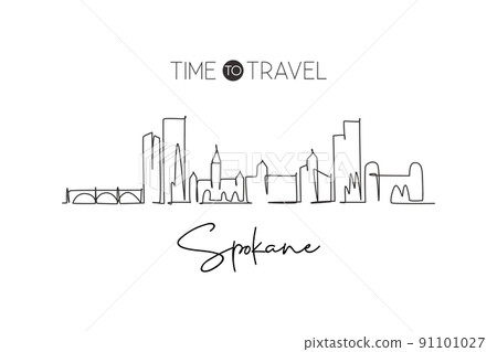 One continuous line drawing of Spokane city skyline, Washington. Beautiful landmark. World landscape tourism travel home wall decor poster print. Stylish single line draw design vector illustration One continuous line drawing of Spokane city skyline, Washington. Beautiful landmark. World landscape tourism travel home wall decor poster print. Stylish single line draw design vector illustration 91101027