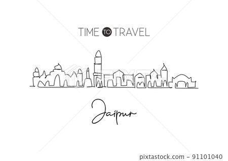 One continuous line drawing of Jaipur city skyline, India. Beautiful landmark. World landscape tourism travel home wall decor poster print art. Stylish single line draw design vector illustration 91101040