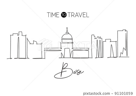 One continuous line drawing of Boise city skyline, Idaho. World beautiful landscape tourism and travel vacation for wall decor print. Stylish single line draw graphic design vector illustration One continuous line drawing of Boise city skyline, Idaho. World beautiful landscape tourism and travel vacation for wall decor print. Stylish single line draw graphic design vector illustration 91101059