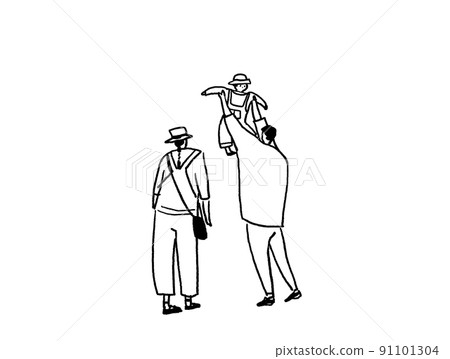 Men and women, families, line drawings (horizontal) that make small children tall and tall 91101304