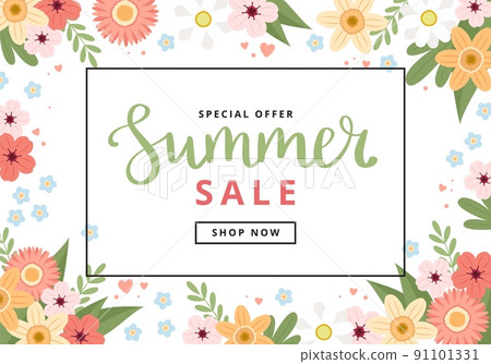 Summer sale banner with flowers. Hand drawn cute flowers and lettering. Vector illustration colorful template in flat cartoon style 91101331