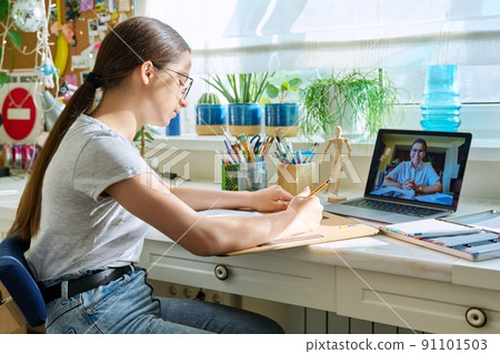 Online drawing lesson, teenage girl having video conference with teacher Online drawing lesson, teenage girl having video conference with teacher 91101503