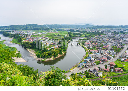 View from Tateyama Castle Historic Site Park, commonly known as Japan's No. 1 Park, in Oe Town, Yamagata Prefecture. Topography of the Mogami River View from Tateyama Castle Historic Site Park, commonly known as Japan's No. 1 Park, in Oe Town, Yamagata Prefecture. Topography of the Mogami River 91101552