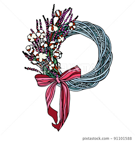 Hand-painted wreath with flowers and twigs. For Christmas cards and winter design. Vector wreath on a white background. Hand-painted wreath with flowers and twigs. For Christmas cards and winter design. Vector wreath on a white background. 91101588