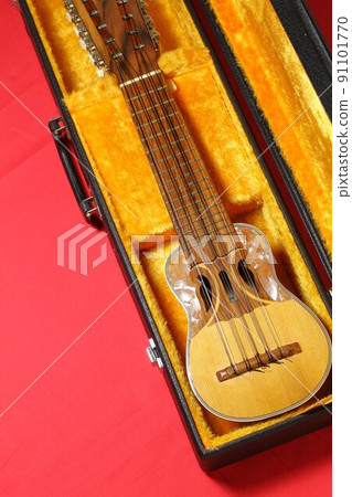 Latin American folk instrument, charango in case, red background 91101770