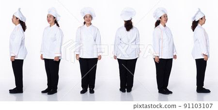 Full length 40s 50s Asian Senior Woman Cooking Chef, 360 front side back rear Full length 40s 50s Asian Senior Woman Cooking Chef, 360 front side back rear 91103107