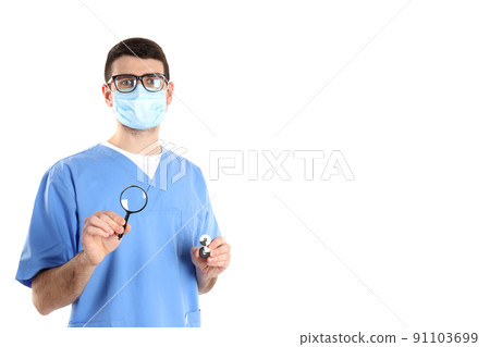 Doctor intern with magnifier and lenses isolated on white background Doctor intern with magnifier and lenses isolated on white background 91103699
