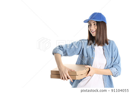Young delivery girl isolated on white background 91104055