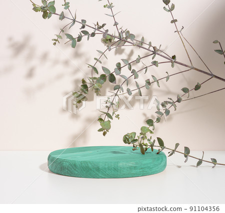 Round green wooden platform and eucalyptus branch on a beige background. 91104356