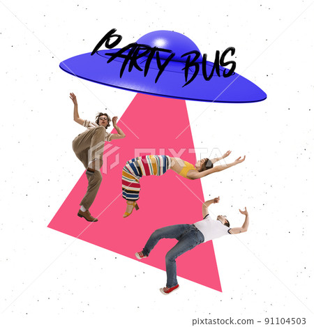Contemporary art collage. Creative colorful design. Cheerful young people dancing under UFO, having party isolated over white background Contemporary art collage. Creative colorful design. Cheerful young people dancing under UFO, having party isolated over white background 91104503