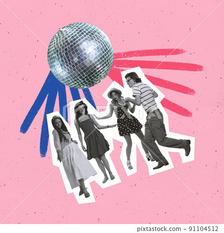 Contemporary art collage. Creative colorful design. Group of stylish young people cheerfully dancing under disco ball isolated over pink background 91104512