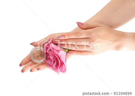 Concept of hand care with cosmetics on white background Concept of hand care with cosmetics on white background 91104894