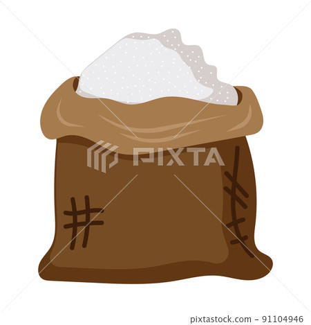 Bag of white sugar vector food icon isolated. Sweet sack flour ingredient drawing. Cook kitchen packet and symbol burlap sweetener container. Brown bagful sucrose and heap granules glucose grain 91104946