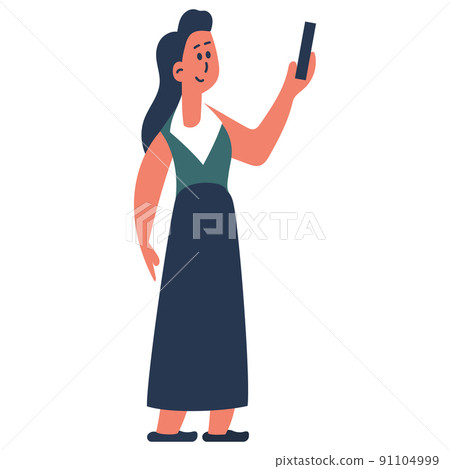 The girl is standing with the phone and person woman vector illustration. Young cartoon female isolated white and happy adult businesswoman character with smartphone. Device communication teenage The girl is standing with the phone and person woman vector illustration. Young cartoon female isolated white and happy adult businesswoman character with smartphone. Device communication teenage 91104999