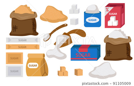 Sugar food pack brown and white. Granulated cube block cartoon and icon piece isolated sucrose vector illustration. Sweet stick set and cooking element drawing. Farm packaging sack and powder sand 91105009