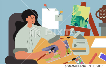 Artist restorer art and craft culture repairing. Woman renovator building picture with brush vector illustration. Character drawing museum history and painting business with equipment tool elements Artist restorer art and craft culture repairing. Woman renovator building picture with brush vector illustration. Character drawing museum history and painting business with equipment tool elements 91105015