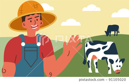 Farmer man and cow farm countryside landscape. Dairy and milk with animal cartoon cattle vector illustration. Character people and meadow village ranch. Summer harvest and farming work business rural 91105020